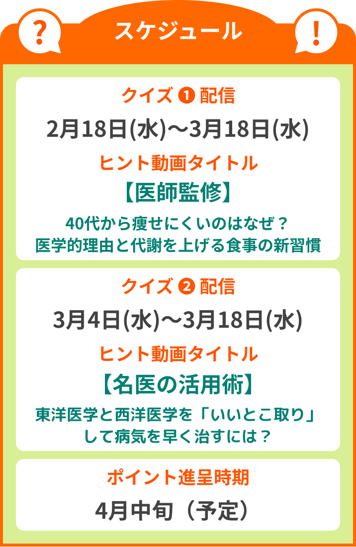 スケジュール クイズ(1)配信:2月18日(水)～3月18日(水) ヒント動画タイトル【40代からのダイエット】代謝が落ちたと感じる方へ。リバウンドしないための科学的アプローチ / クイズ(2)配信:3月4日(水)～3月18日(水)ヒント動画タイトルcoming soon / ポイント進呈時期 4月中旬（予定）