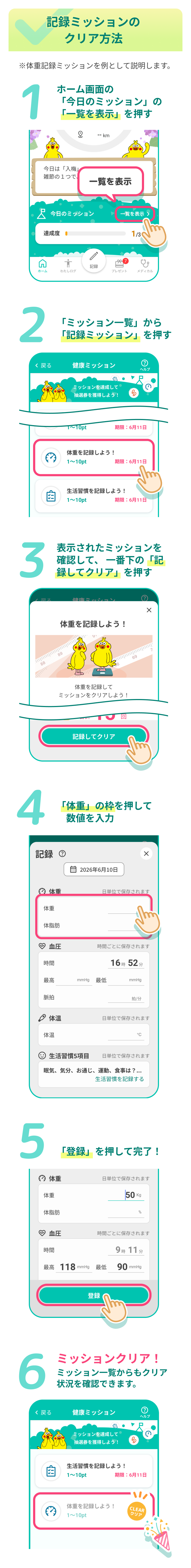 記録ミッションのクリア方法（※体重記録ミッションを例として説明）。ステップ1：ホーム画面の「今日のミッション」の「一覧を表示」を押す。ステップ2：「ミッション一覧」から「記録ミッション」を押す。ステップ3：表示されたミッションを確認して、一番下の「記録してクリア」を押す。ステップ4：「体重」の枠を押して数値を入力。ステップ5：「登録」を押して完了！ステップ6：ミッションクリア！ミッション一覧からもクリア状況を確認できます。各手順のアプリ操作画面が縦に並んだ構成になっています。