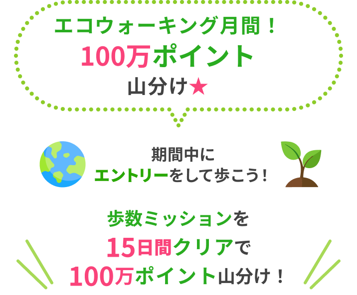 エコウォーキング月間！100万ポイント山分けしよう。期間中にエントリーをして歩こう！歩数ミッションを15日間クリアで100万ポイント山分け！