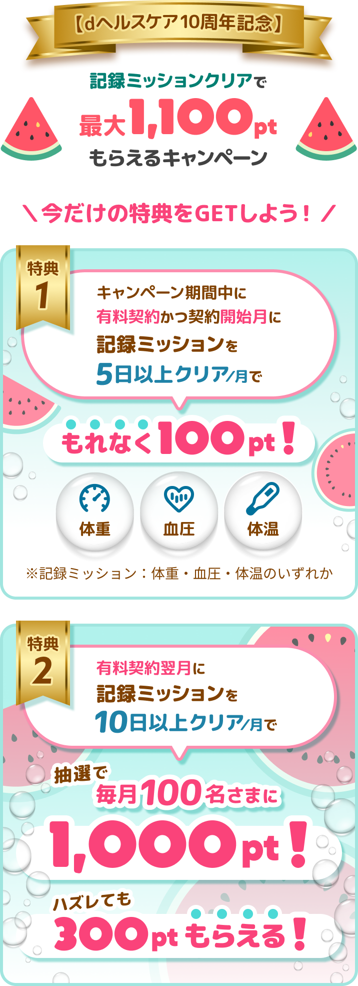 dヘルケア10周年記念 記録ミッションクリアで最大1,100ptもらえるキャンペーン。特典1：キャンペーン期間中に有料契約かつ契約開始月に記録ミッション（体重・血圧・体温のいずれか）を5日以上クリア/月でもれなく100pt！ 特典2：有料契約翌月に記録ミッションを10日以上クリア/月で、抽選で毎月100名さまに1,000pt！ハズレても300ptもらえる！