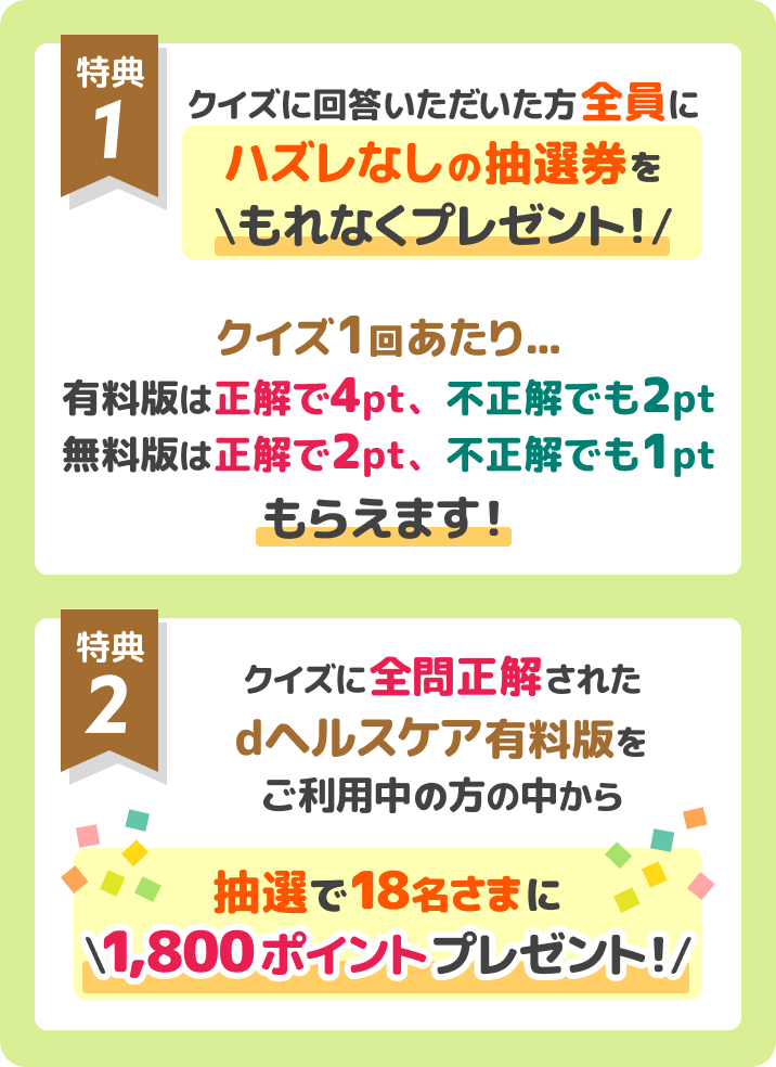 特典1:クイズに回答いただいた方全員にハズレなしの抽選券を\もれなくプレゼント！/クイズ1回あたり...有料版は正解で4pt、不正解でも2pt無料版は正解で2pt、不正解でも1ptもらえます。 / 特典2:クイズに全問正解されたdヘルスケア有料版をご利用中の方の中から抽選で18名さまに\1,800ポイントプレゼント！/